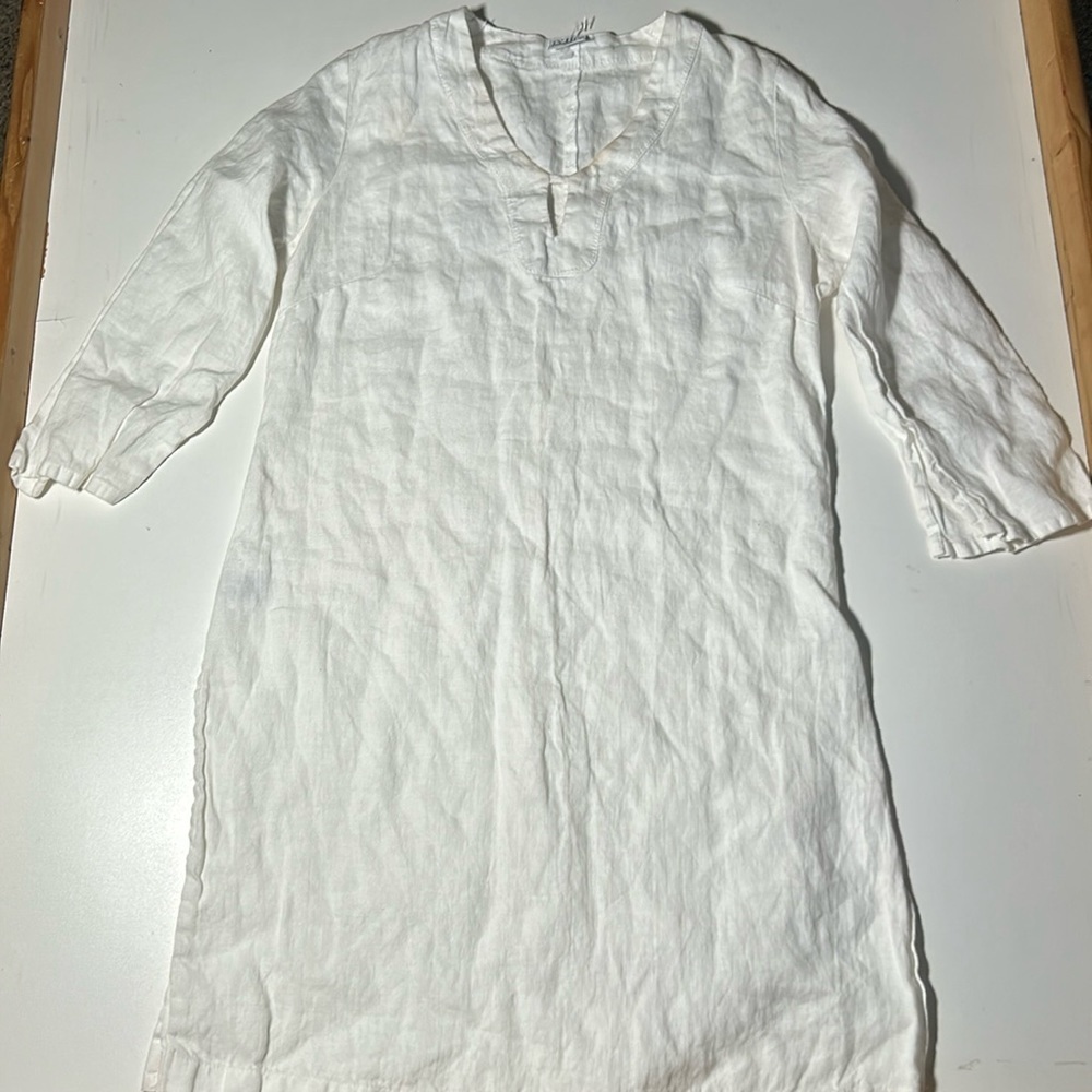 Ivho 100% Linen White V Neck Half Sleeve Dress Sz XS C5
